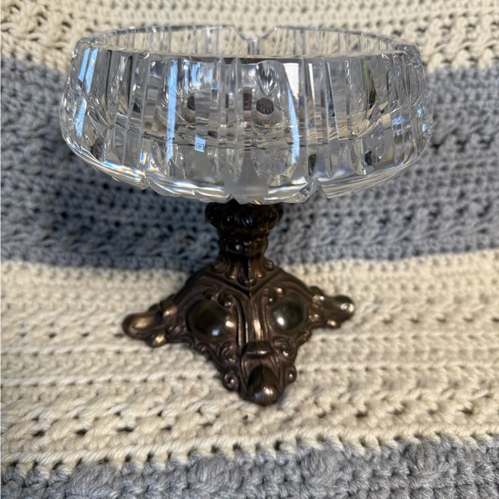 Hollywood Regency Antique Crystal/Cut Glass & Brass Glass Cigar Plate Ashtray